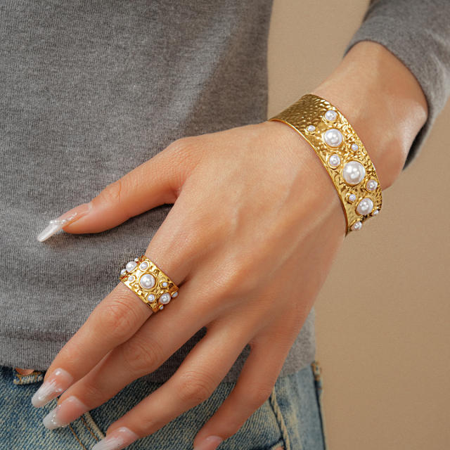 Irregular Flower Pearl cuff bangle rings suit stainless steel bracelet suit
