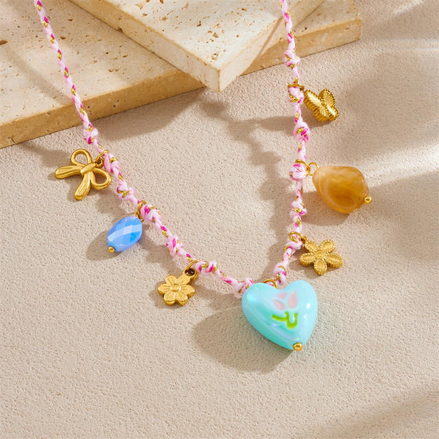 Contrasting Color Braided Rope Stainless Steel Flower Sun Heart enamel charm necklace