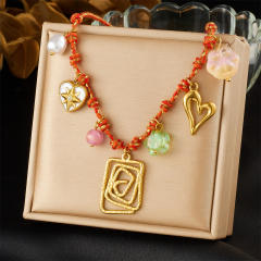 Summer red braid rope chain stainless steel heart flower charms necklace