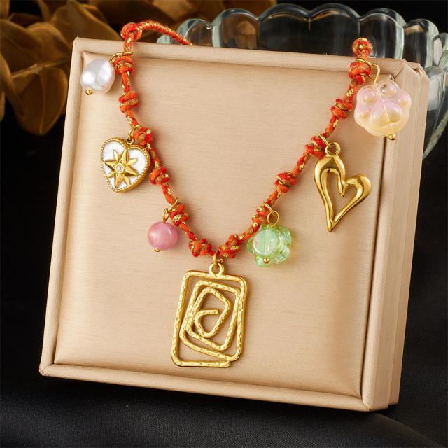Summer red braid rope chain stainless steel heart flower charms necklace