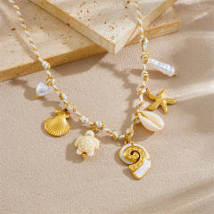 White Gold Two-Color Knotted Rope stainless steel Starfish Scallop Conch Turtle charm Necklace