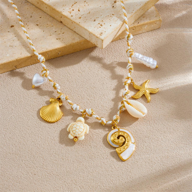 White Gold Two-Color Knotted Rope stainless steel Starfish Scallop Conch Turtle charm Necklace