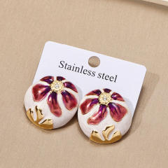 Round Asymmetrical stainless Steel enamel flower studs earrings for women
