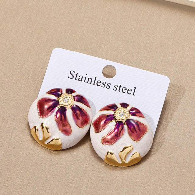 Round Asymmetrical stainless Steel enamel flower studs earrings for women