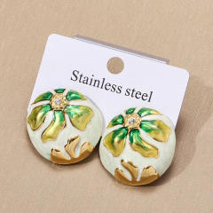 Round Asymmetrical stainless Steel enamel flower studs earrings for women