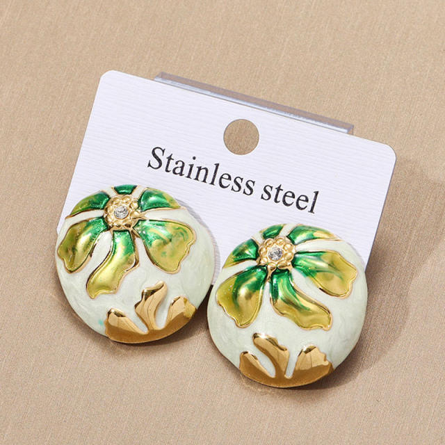 Round Asymmetrical stainless Steel enamel flower studs earrings for women