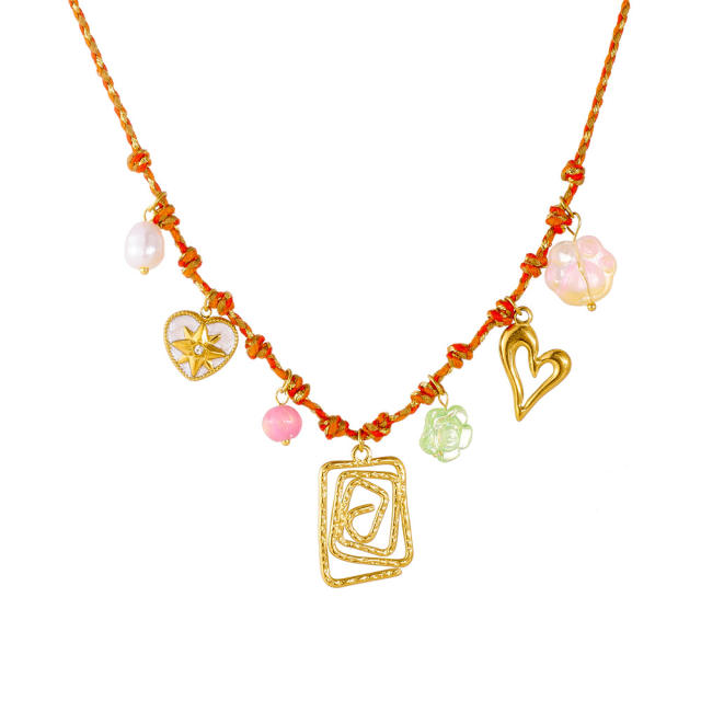Summer red braid rope chain stainless steel heart flower charms necklace