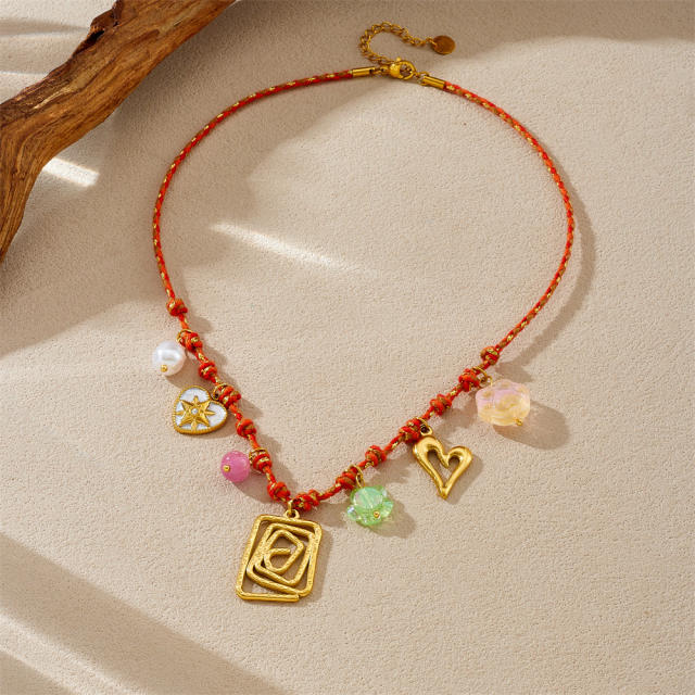 Summer red braid rope chain stainless steel heart flower charms necklace