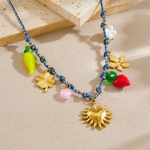 Multi-Element enamel Love Flower stainless steel charm necklace
