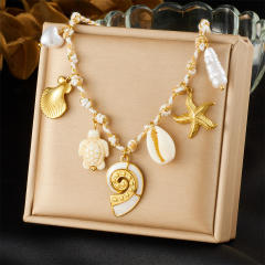 White Gold Two-Color Knotted Rope stainless steel Starfish Scallop Conch Turtle charm Necklace