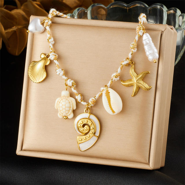 White Gold Two-Color Knotted Rope stainless steel Starfish Scallop Conch Turtle charm Necklace