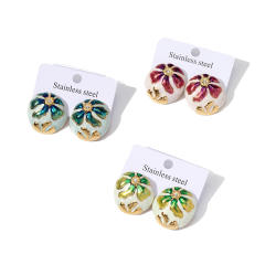 Round Asymmetrical stainless Steel enamel flower studs earrings for women