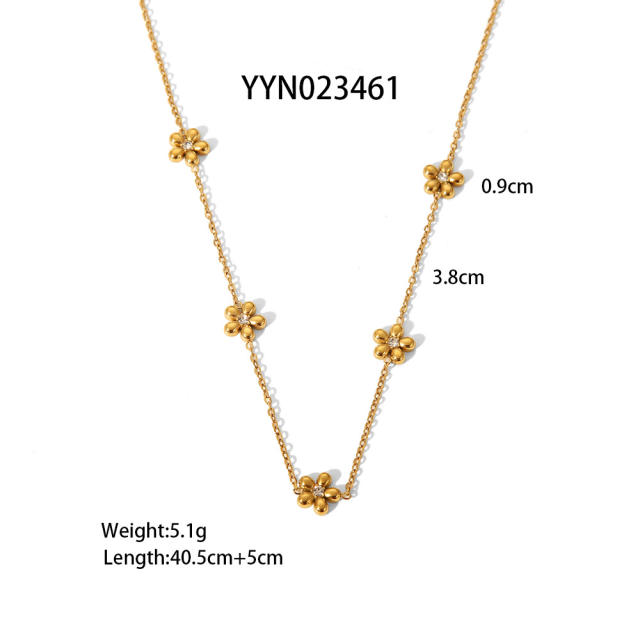 Simple diamond five petal flower stainless steel necklace bracelet suit