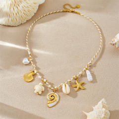 White Gold Two-Color Knotted Rope stainless steel Starfish Scallop Conch Turtle charm Necklace