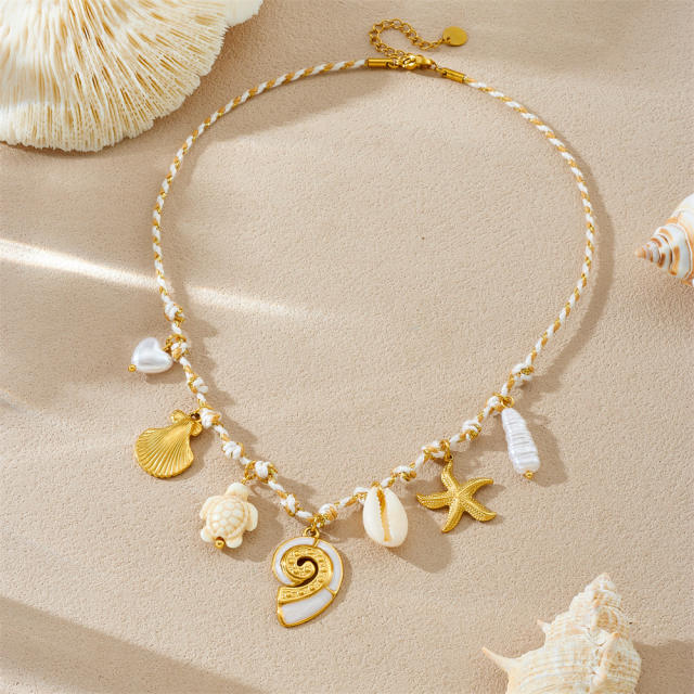 White Gold Two-Color Knotted Rope stainless steel Starfish Scallop Conch Turtle charm Necklace