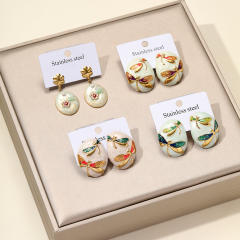 Round Asymmetrical stainless Steel enamel flower studs earrings for women