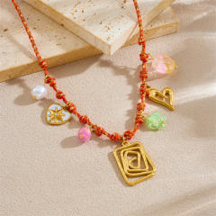 Summer red braid rope chain stainless steel heart flower charms necklace
