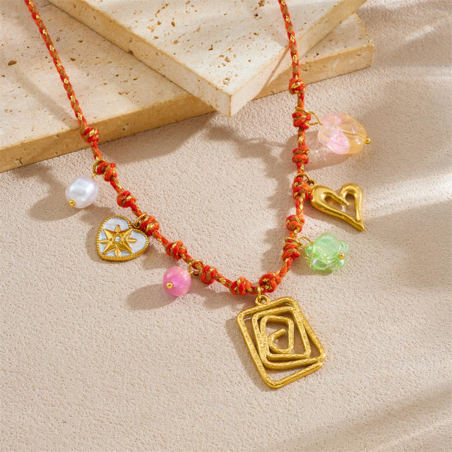 Summer red braid rope chain stainless steel heart flower charms necklace