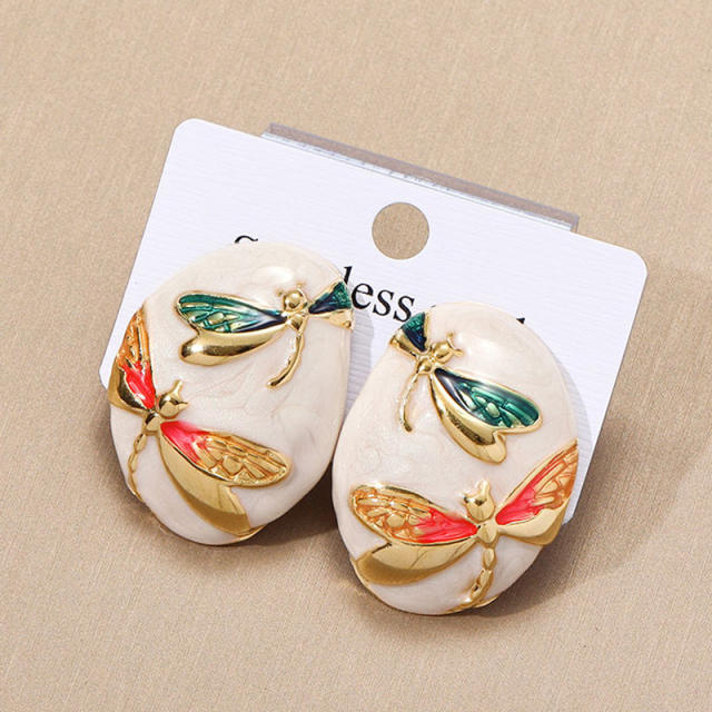 Round Asymmetrical stainless Steel enamel flower studs earrings for women
