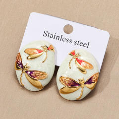 Round Asymmetrical stainless Steel enamel flower studs earrings for women