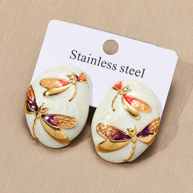Round Asymmetrical stainless Steel enamel flower studs earrings for women