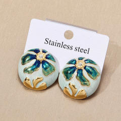 Round Asymmetrical stainless Steel enamel flower studs earrings for women