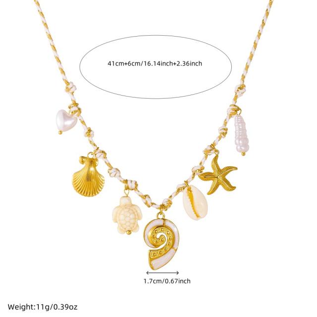 White Gold Two-Color Knotted Rope stainless steel Starfish Scallop Conch Turtle charm Necklace