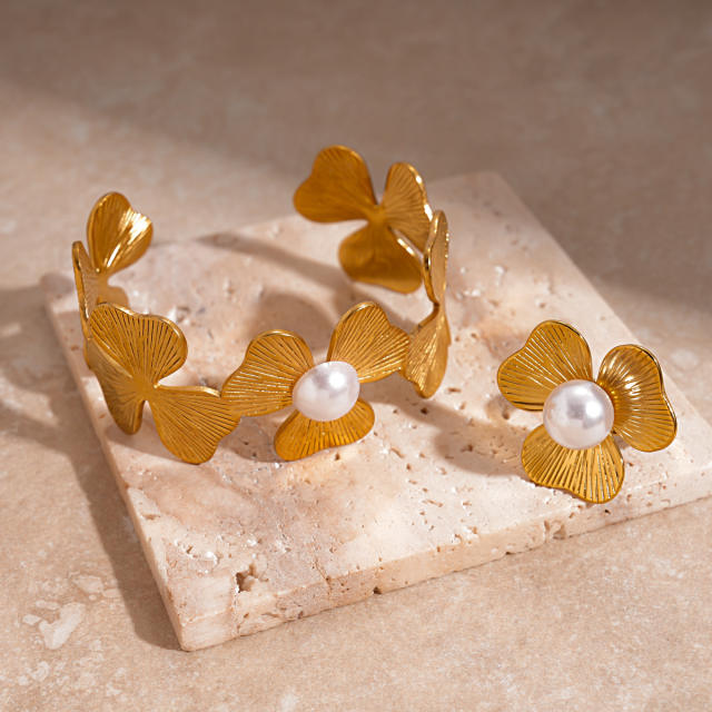 Irregular Flower Pearl cuff bangle rings suit stainless steel bracelet suit