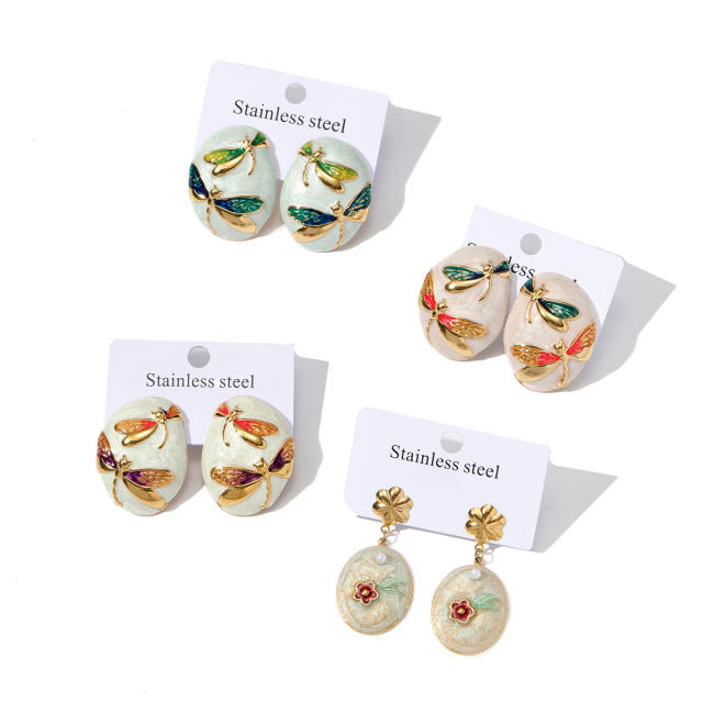 Round Asymmetrical stainless Steel enamel flower studs earrings for women