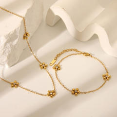 Simple diamond five petal flower stainless steel necklace bracelet suit