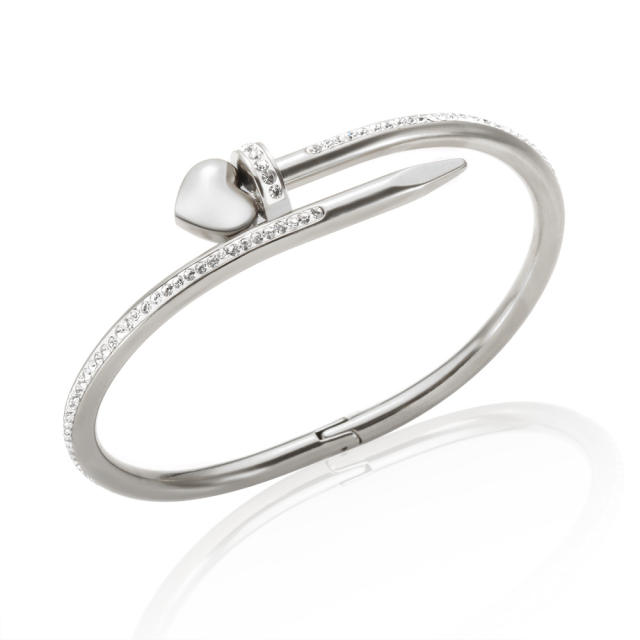 Luxury diamond nail heart nail stainless steel bangle bracelet