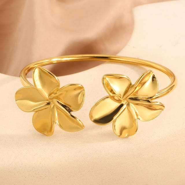 Sweet big flower stainless steel cuff bangle bracelet