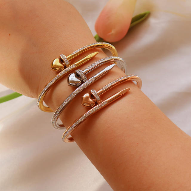 Luxury diamond nail heart nail stainless steel bangle bracelet