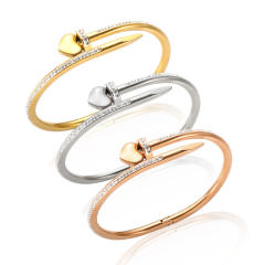 Luxury diamond nail heart nail stainless steel bangle bracelet