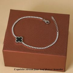 18K tennis chain black white four leaf clover flower stainless steel bracelet