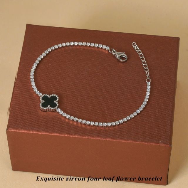 18K tennis chain black white four leaf clover flower stainless steel bracelet