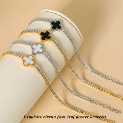 18K tennis chain black white four leaf clover flower stainless steel bracelet