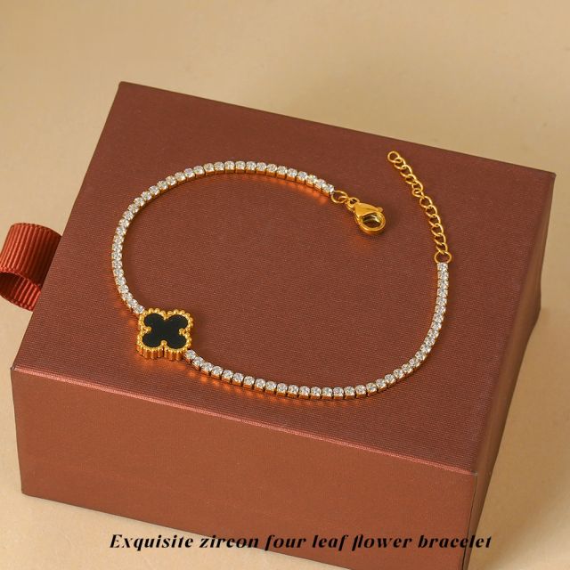 18K tennis chain black white four leaf clover flower stainless steel bracelet