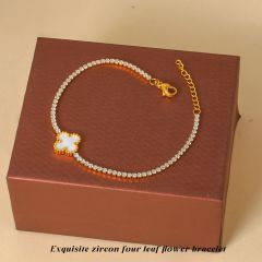 18K tennis chain black white four leaf clover flower stainless steel bracelet