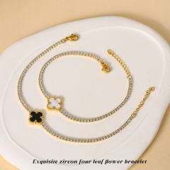 18K tennis chain black white four leaf clover flower stainless steel bracelet