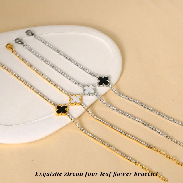 18K tennis chain black white four leaf clover flower stainless steel bracelet