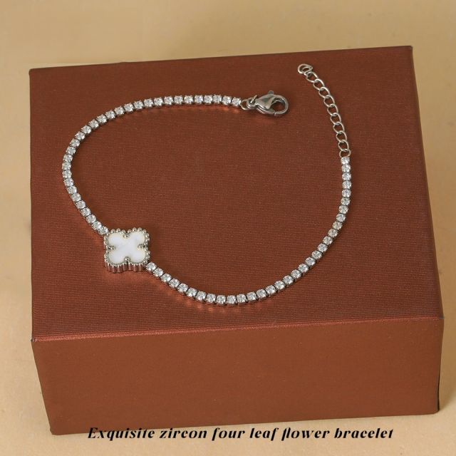 18K tennis chain black white four leaf clover flower stainless steel bracelet
