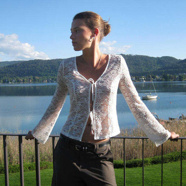 Women's Summer New Pure Color Lace Sexy Long-Sleeved Outer Shirt Tops for Women