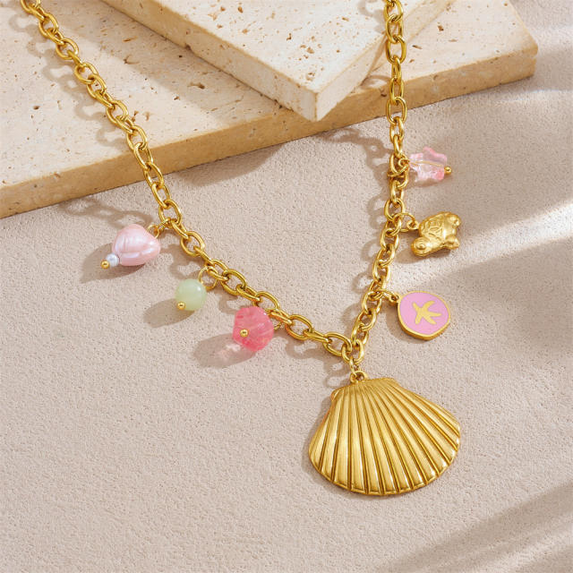 New Marine Series Multi-Element Scallop Starfish Turtle Peach Heart Gold-Plated Stainless Steel Necklace