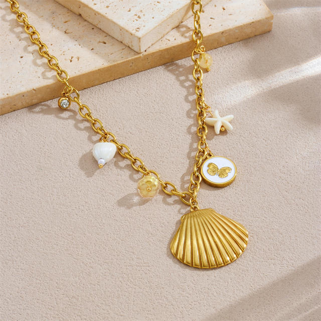 Gold-Plated Large Shell Three-Dimensional Butterfly Starfish charm stainless steel Necklace