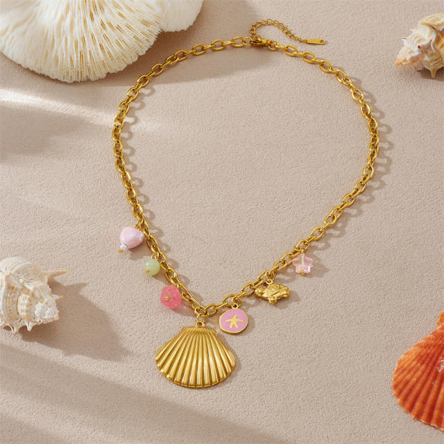 New Marine Series Multi-Element Scallop Starfish Turtle Peach Heart Gold-Plated Stainless Steel Necklace