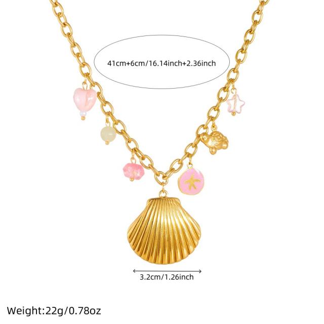 New Marine Series Multi-Element Scallop Starfish Turtle Peach Heart Gold-Plated Stainless Steel Necklace