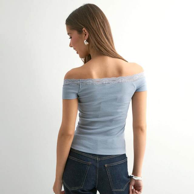 Summer New Pure Color Sleeveless One-Line Collar Lace Sexy Top T-Shirt