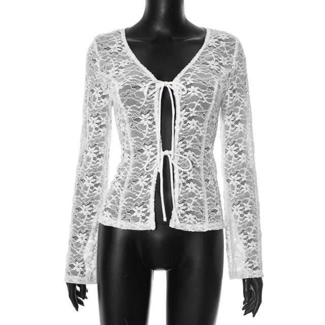 Women's Summer New Pure Color Lace Sexy Long-Sleeved Outer Shirt Tops for Women
