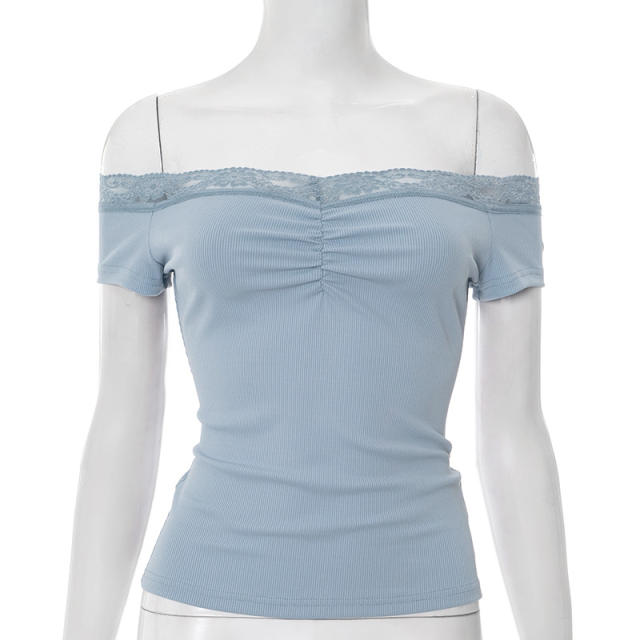 Summer New Pure Color Sleeveless One-Line Collar Lace Sexy Top T-Shirt